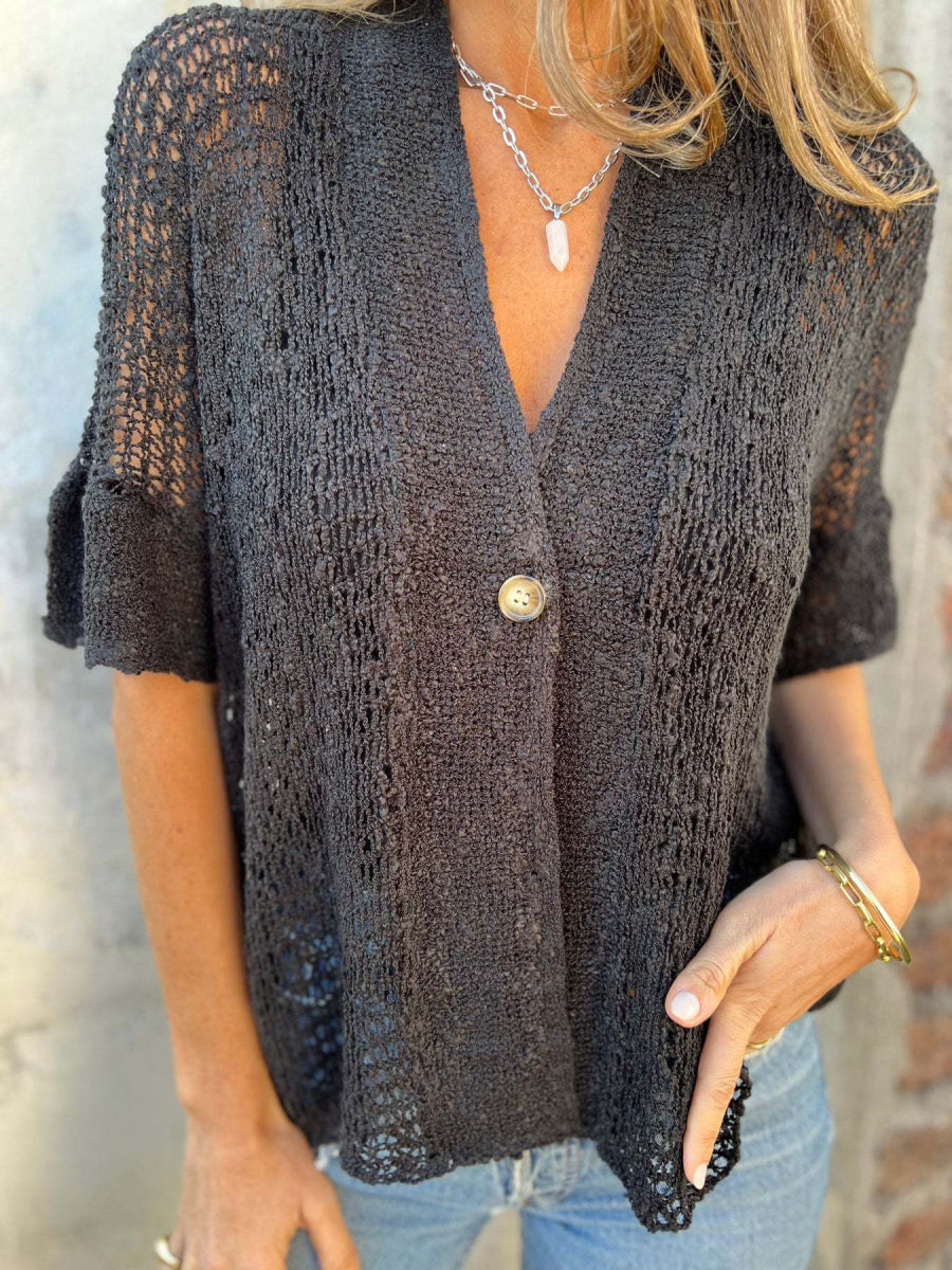 Open Knit V Neck Single Button Short Sleeve Knit Top