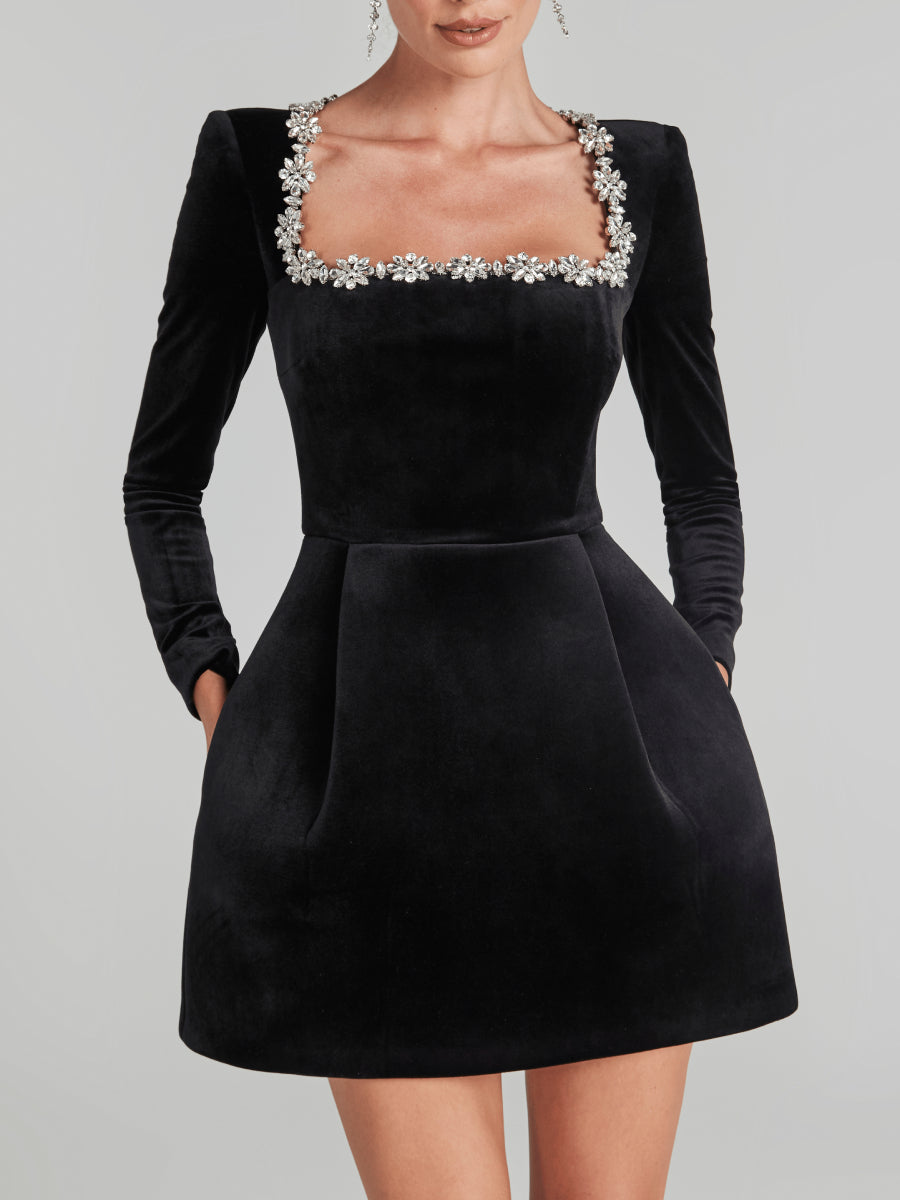 Velvet Jewel Embellished Trim Long Sleeve Pocketed Mini Dress