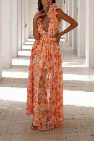 Floral halter back waisted French dress