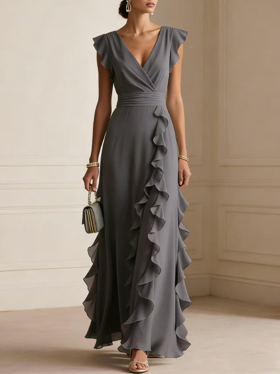 Chiffon Wrap V Neck Ruffle Cap Sleeve High Waist Side Ruffle Maxi Dress