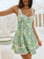 Green Paisley Floral Print Scalloped Lace Trim Side Lace Up Mini Sundress