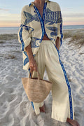 Linen-blend short-sleeve collared shirt with relaxed pants two-piece vacation set