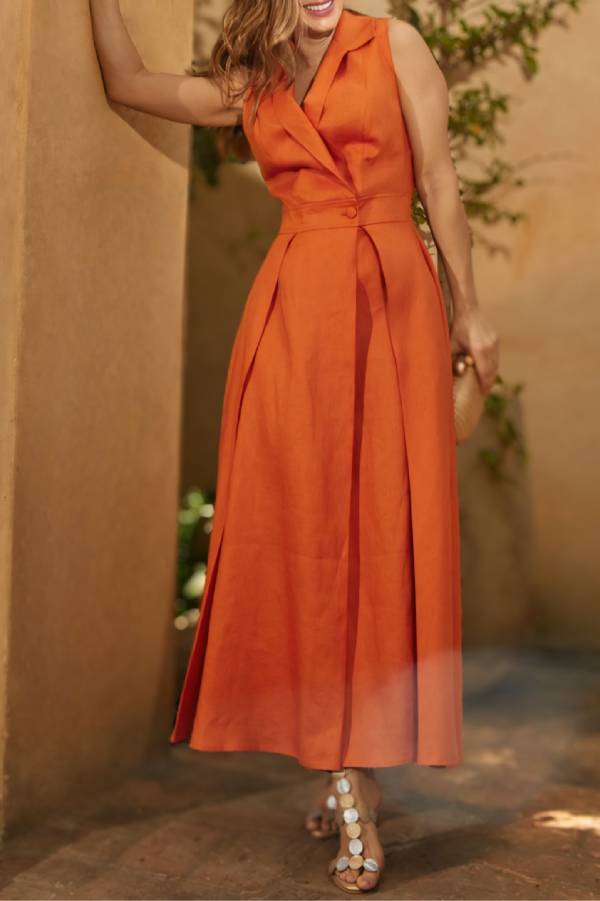 Solid color lapel pleated sleeveless temperament maxi dress Main image