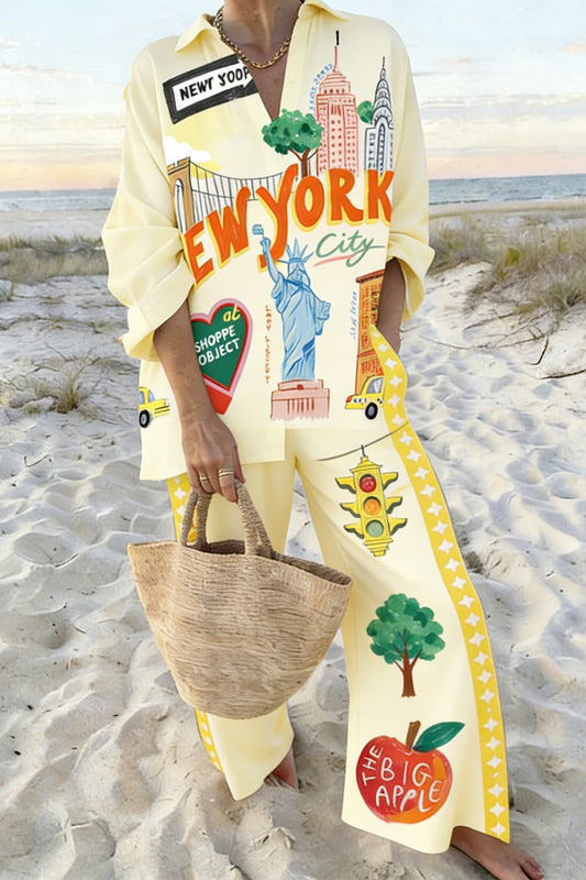 Women's Yellow New York City Graphic 2-Piece Co-Ord Set - Oversized Shirt & Wide Leg Pants for Travel Casual Summer Vacation