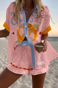 Multicolor printed short-sleeve camp shirt with lapel collar for vacation