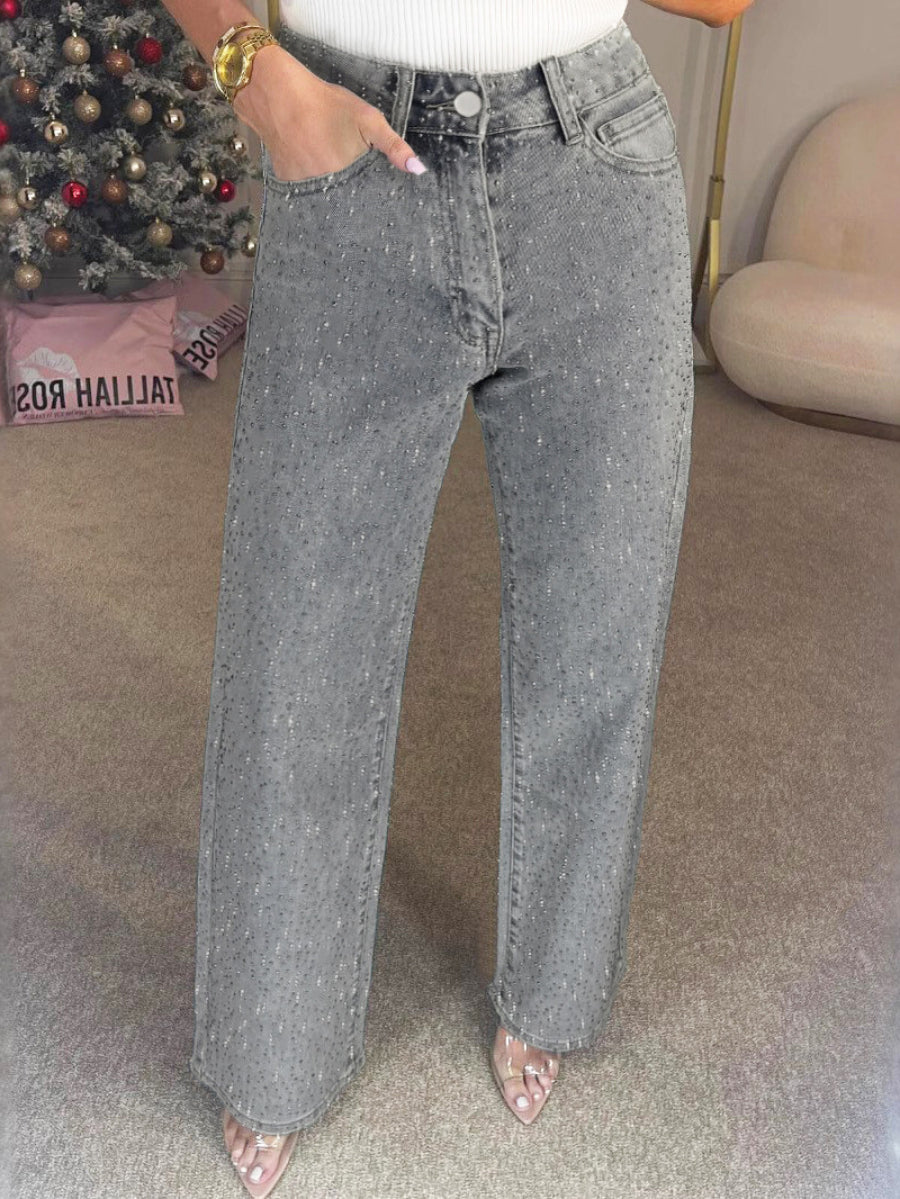 All Over Rhinestone High Waist Wide Leg Denim Jeans
