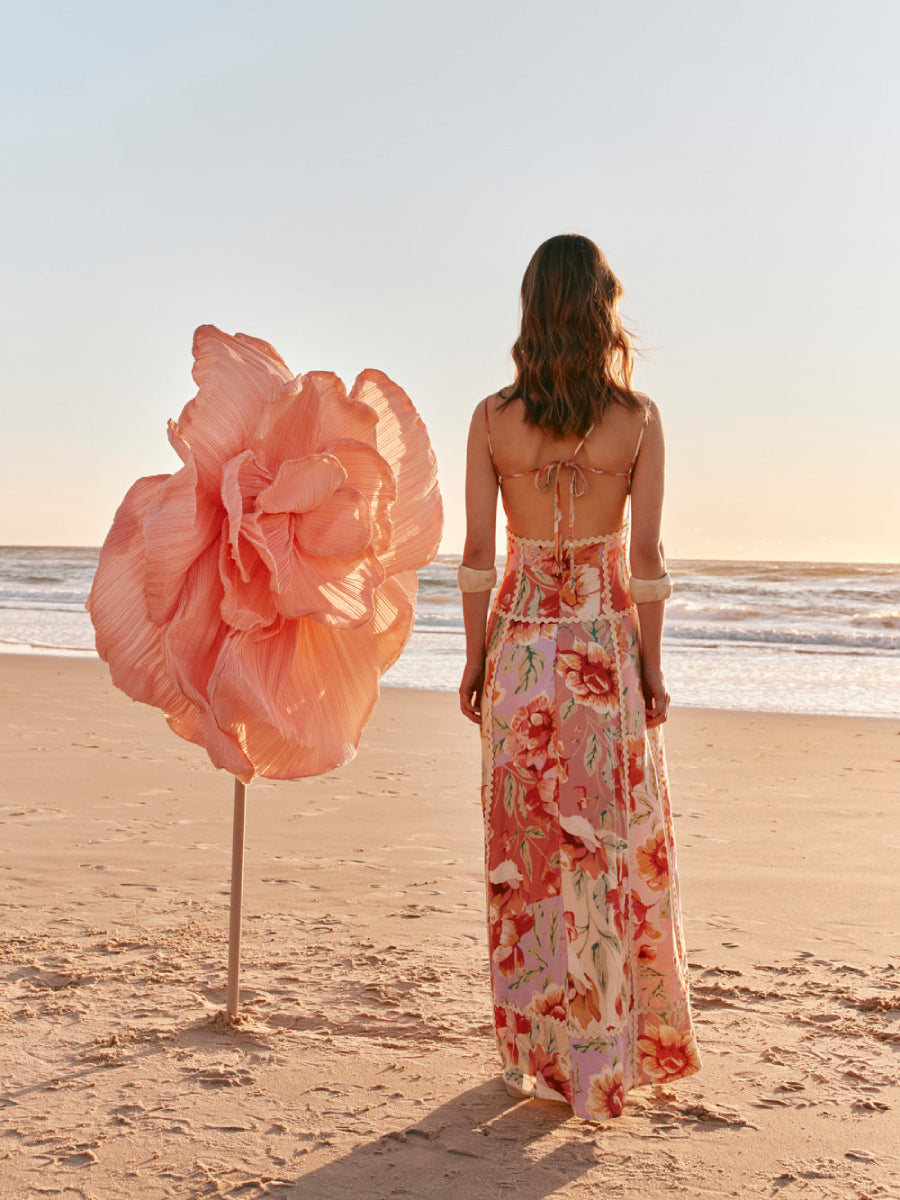 Pink Watercolor Floral Print Scalloped Lace Trim Cutout Waist Spaghetti Strap Maxi Dress