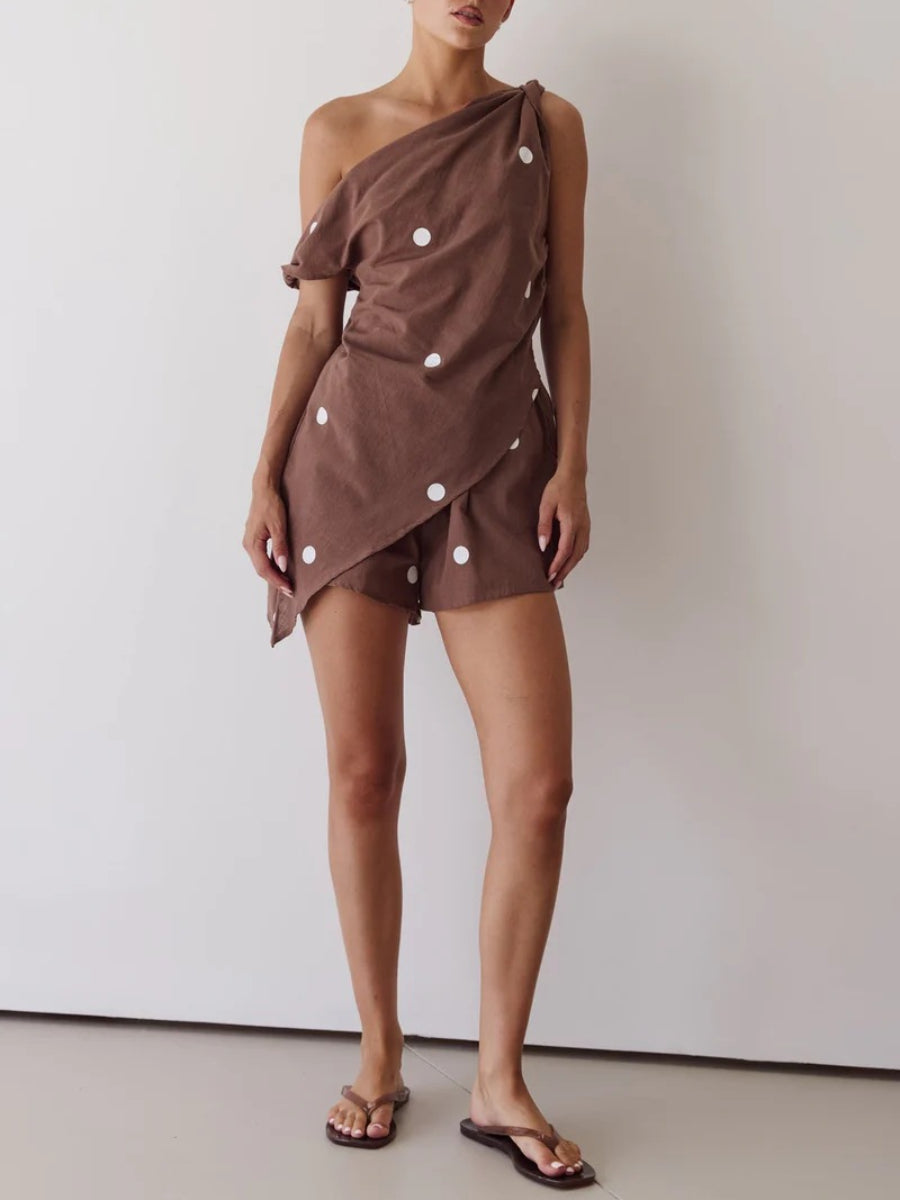 Brown White Polka Dot One Shoulder Linen Two Piece Short Set