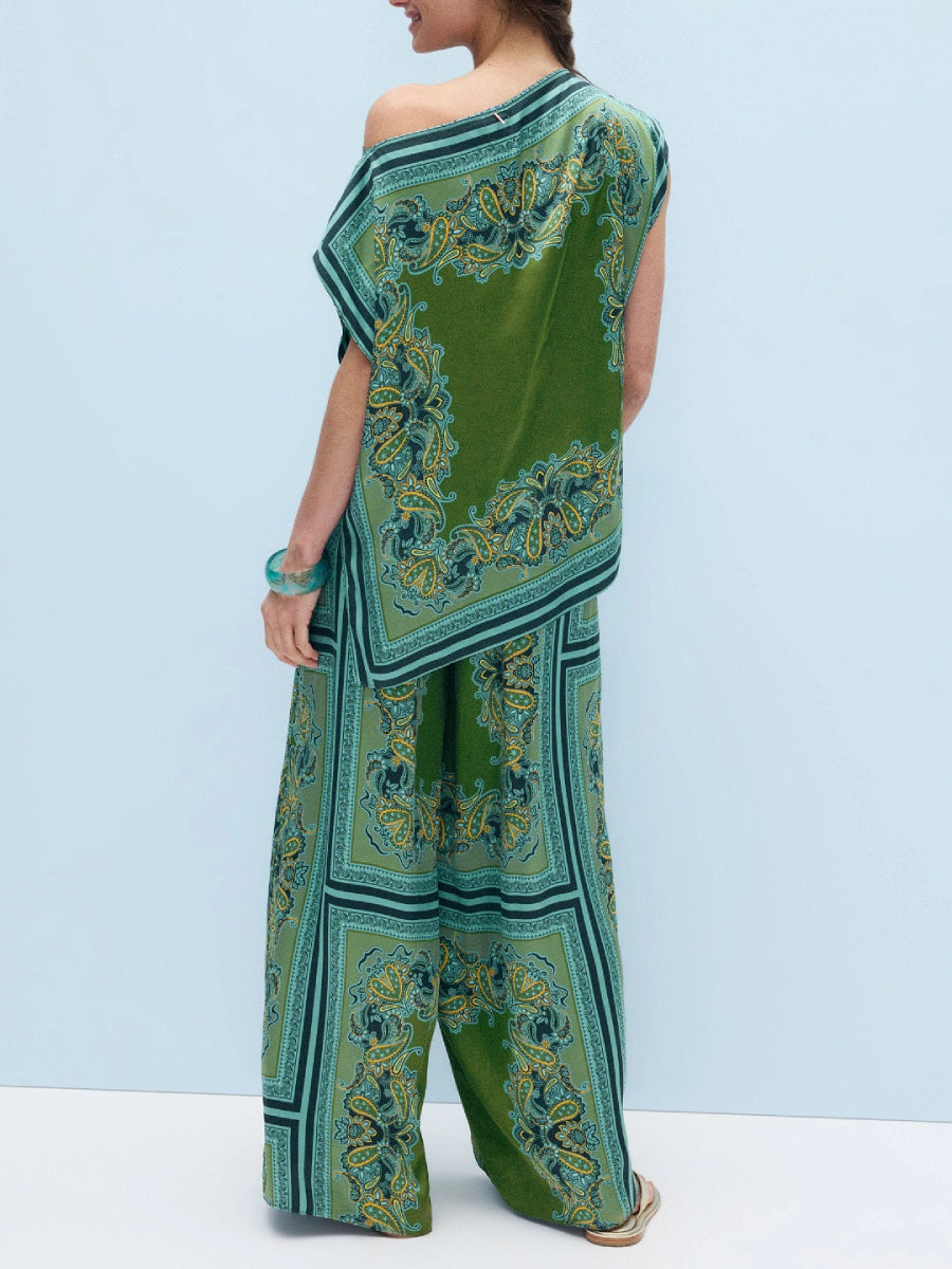 Green Border Paisley Print Asymmetrical One Shoulder Satin Top Wide Leg Pants Two Piece Co-ord Pants Set