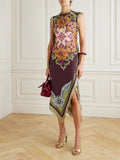 Burgundy Vintage Mandala Floral Print Sleeveless Midi Dress