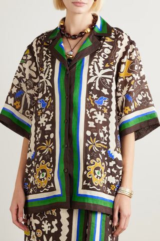 Women's Brown Tropical Folk Print Linen 2-Piece Co-Ord Set - Short Sleeve Shirt & Wide Leg Pants for Boho Resort Wear