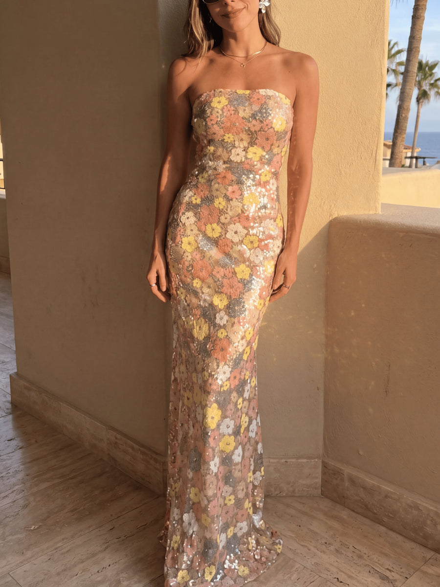 Multicolor Floral Sequin Strapless Mermaid Maxi Gown Fitted Floor Length Evening Dress