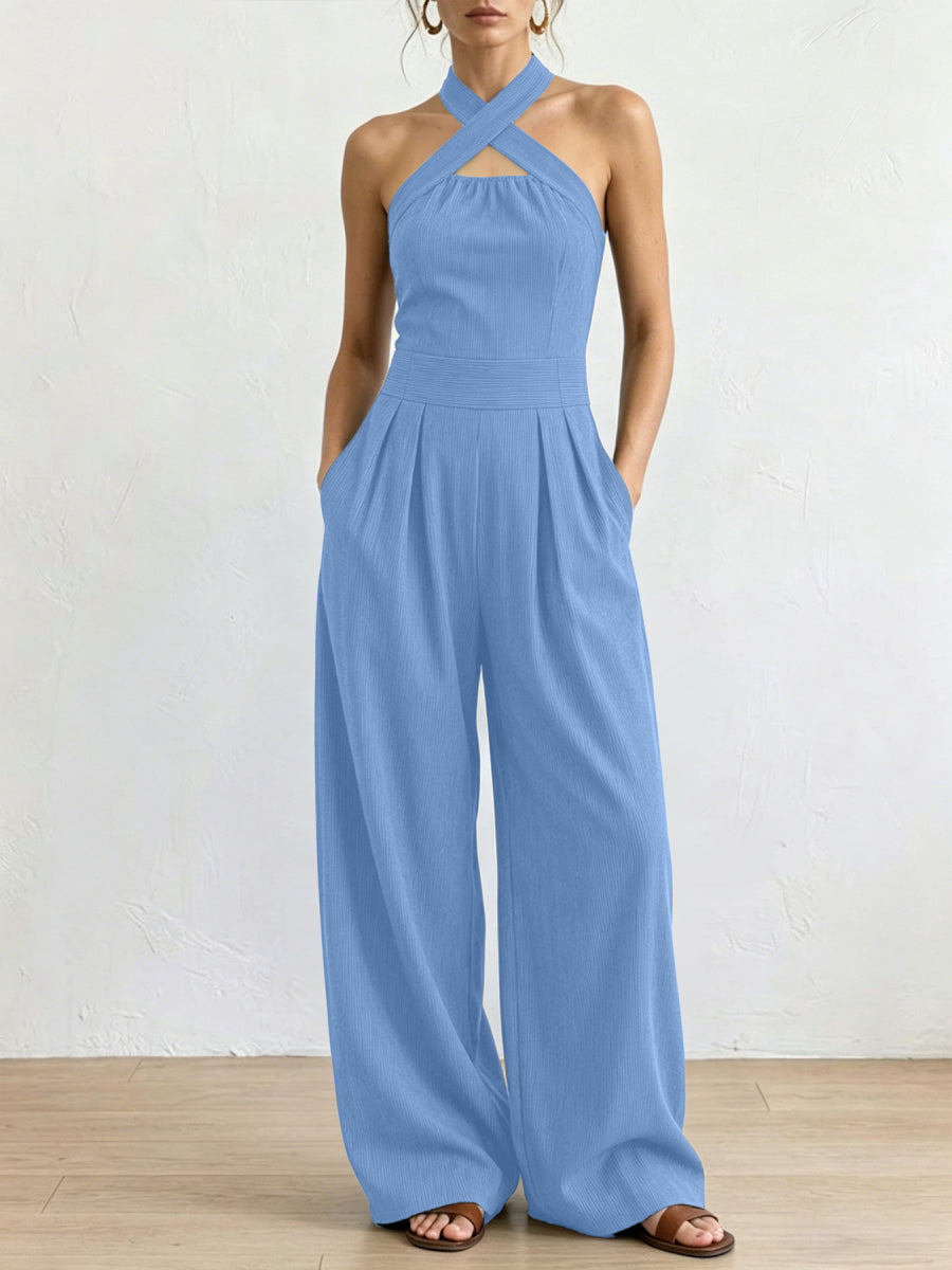Vertical Ribbed Crisscross Halter Cutout Wide Leg Jumpsuit