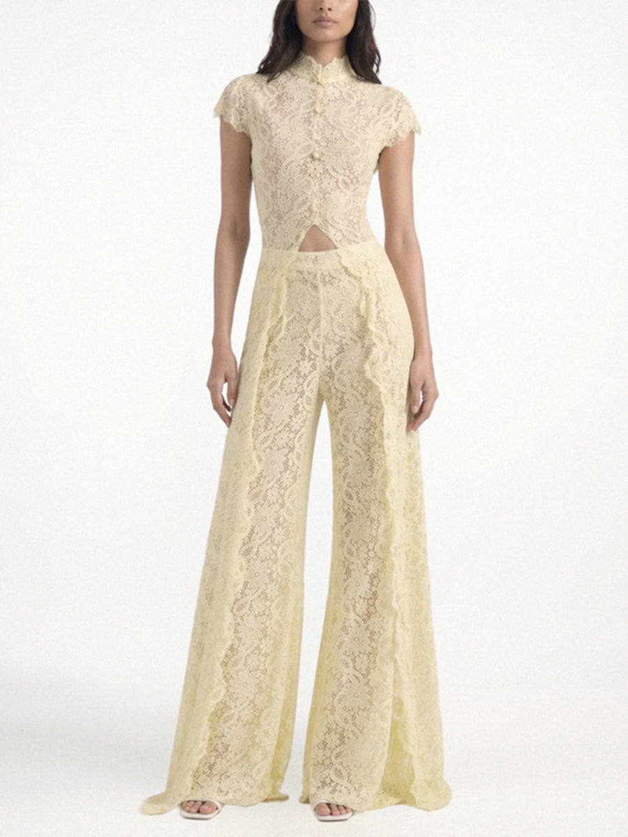 Floral Lace Cutout High Neck Wide Leg Pants Two Piece Matching Set