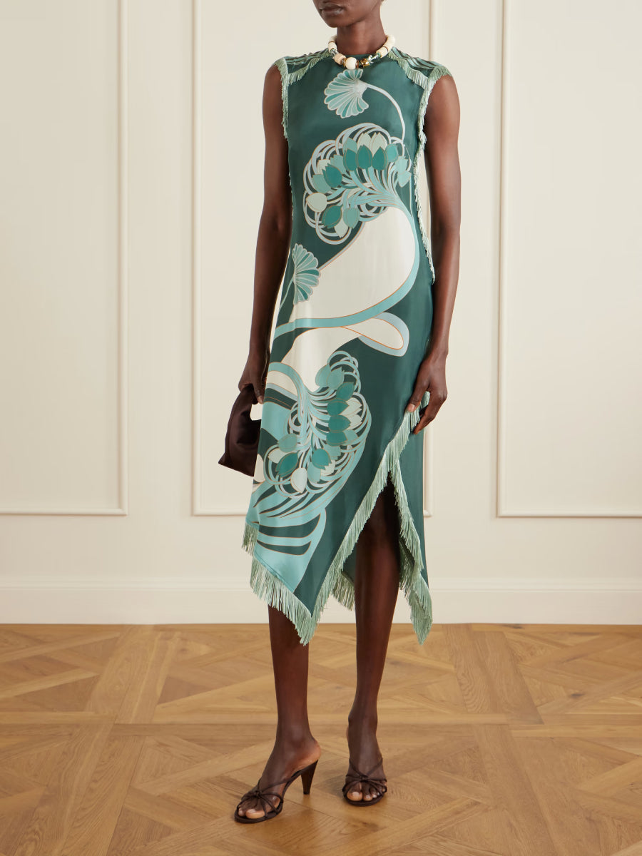Dark Emerald Green Art Deco Ginkgo Print Sleeveless Midi Dress
