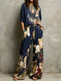 Navy Gold Dark Floral Bohemian Two Piece Pants Set