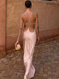 Satin Rhinestone Mesh Back Cutout Spaghetti Strap Floor Length Mermaid Maxi Dress
