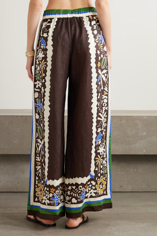 Women's Brown Tropical Folk Print Linen 2-Piece Co-Ord Set - Short Sleeve Shirt & Wide Leg Pants for Boho Resort Wear