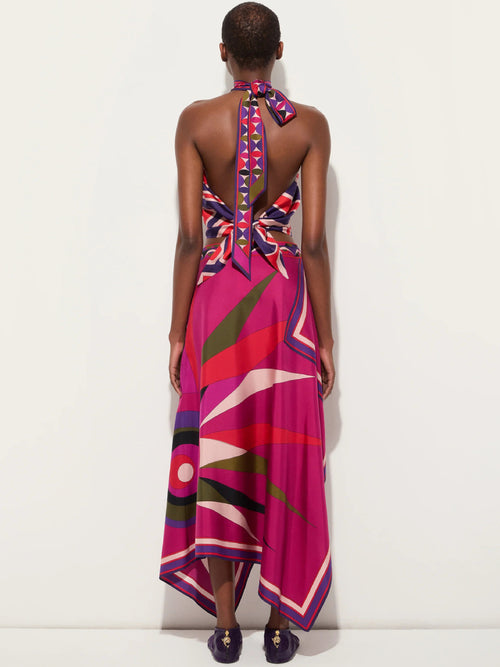 Abstract Geometric Print Halter Top Asymmetrical Hanky Hem Midi Skirt Set