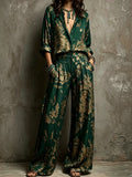 Dark Green Gold Baroque Scroll Print Two Piece Boho Set