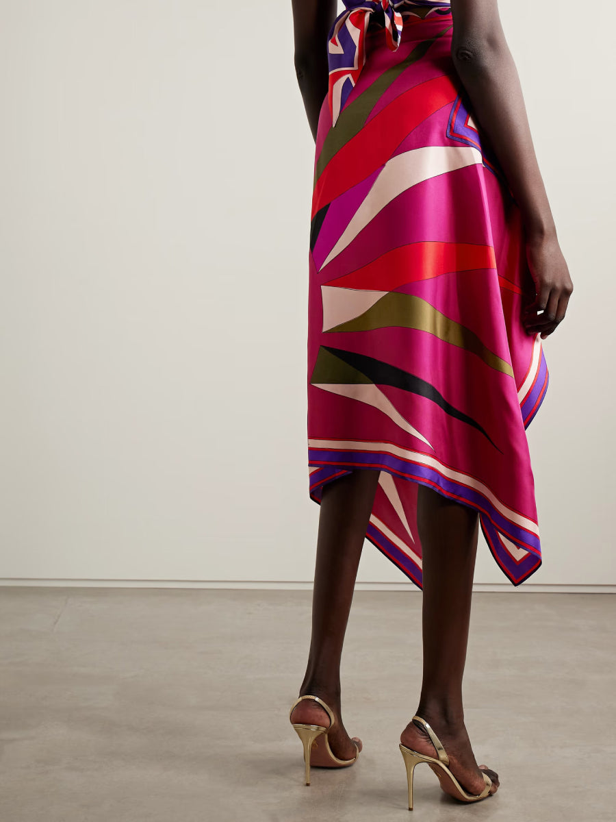 Abstract Geometric Print Halter Top Asymmetrical Hanky Hem Midi Skirt Set