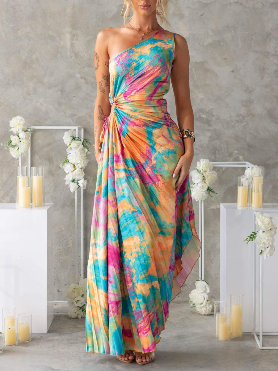 Watercolor Tie Dye One Shoulder Maxi Dress Waist Twist Cut Out High Slit Flowy Chiffon Vacation Sundress