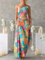 Watercolor Tie Dye One Shoulder Maxi Dress Waist Twist Cut Out High Slit Flowy Chiffon Vacation Sundress