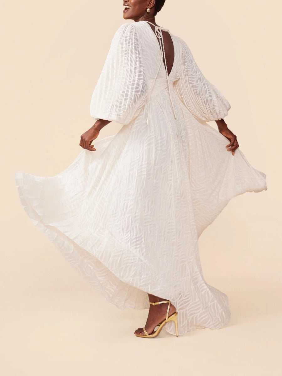 Romantic Textured Chiffon Puff Sleeve Deep V Twist Front Train Maxi Bridal Occasion Dress