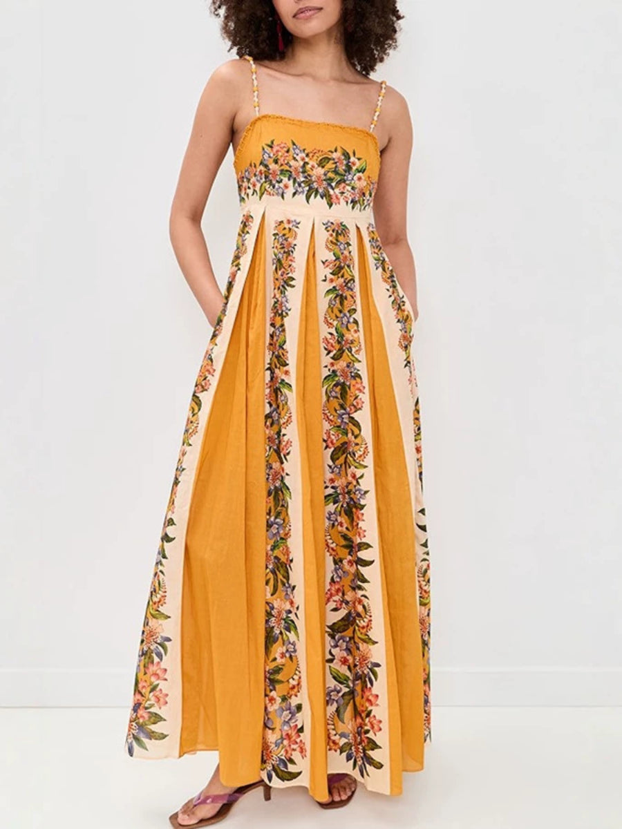Vintage Floral Print Beaded Spaghetti Strap Empire Pleated Maxi Dress
