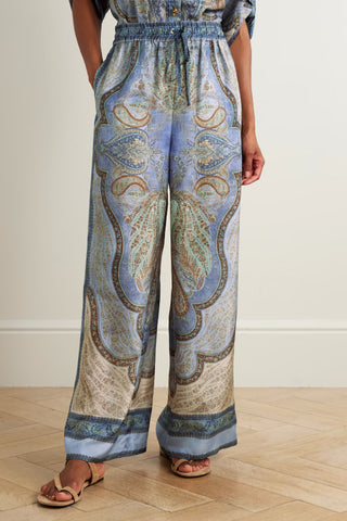 Women's Blue Paisley Print Linen 2-Piece Co-Ord Set - Short Sleeve Shirt & Wide Leg Pants for Boho Resort Wear