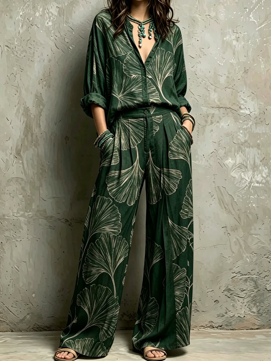 Dark Green Ginkgo Leaf Botanical Print Two Piece Set