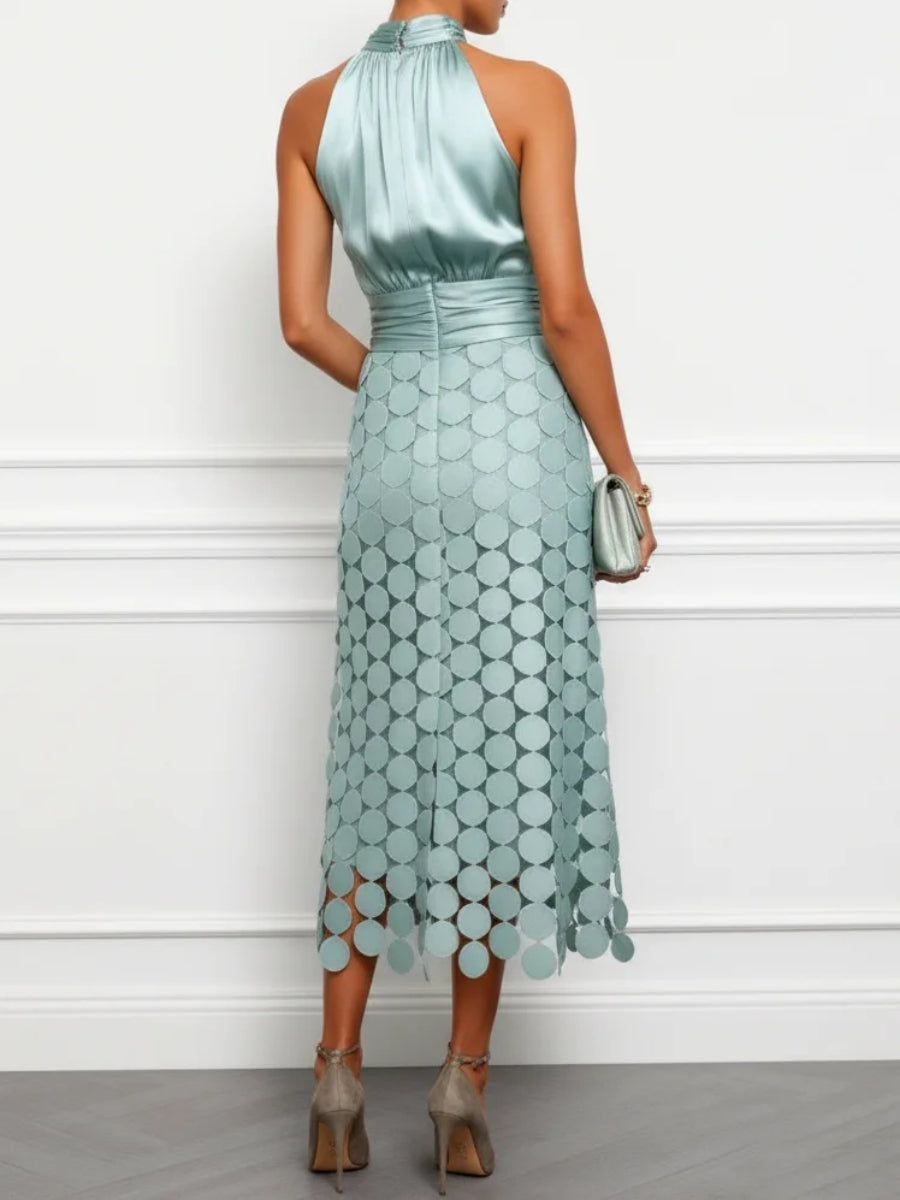 Halter Neck Ruched Satin Waist Circular Cutout Mesh Midi Dress