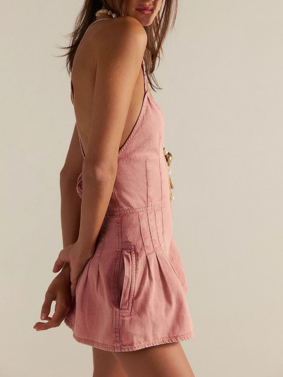 Dusty Pink Washed Denim Deep V Spaghetti Strap Pocket Short Romper
