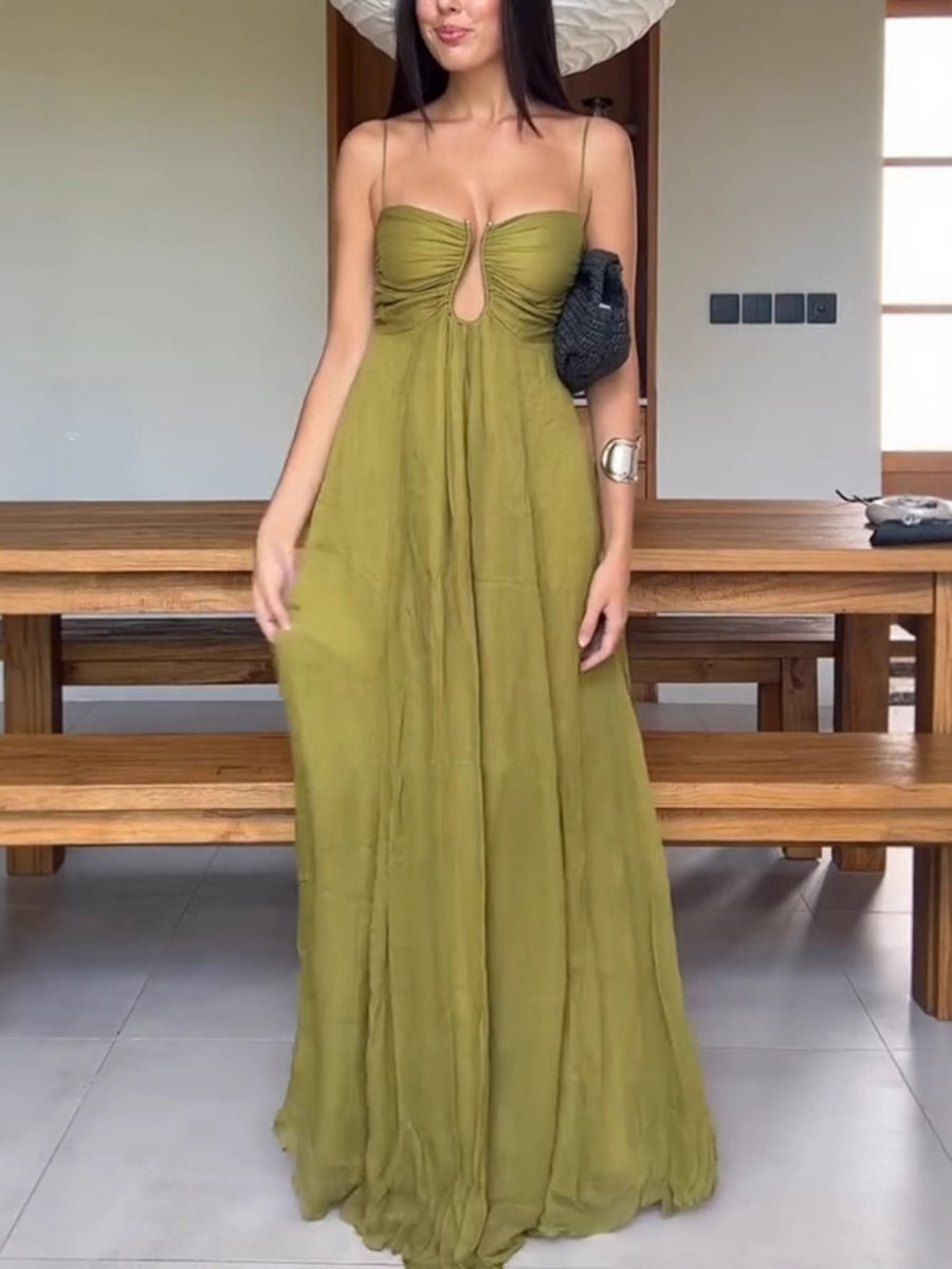 Olive Green Thin Strap Keyhole Cutout Ruched Bust Flowy Chiffon Maxi Dress