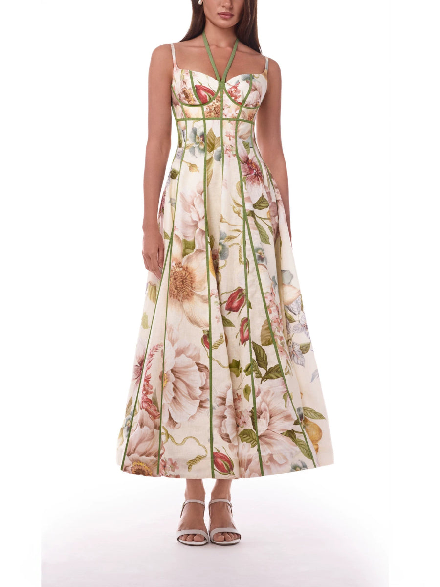 Watercolor Floral Print Spaghetti Strap Boned Corset Green Piping Trim Flared Midi Dress