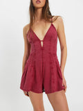 Wine Red Washed Denim Deep V Spaghetti Strap Pocket Short Romper