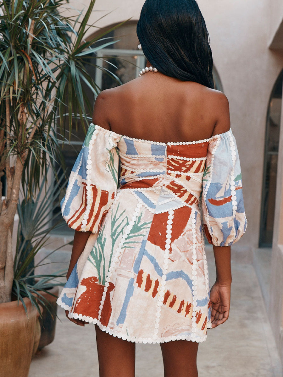 Colorful Scenic Print Off Shoulder A Line Mini Dress for Beach Holiday