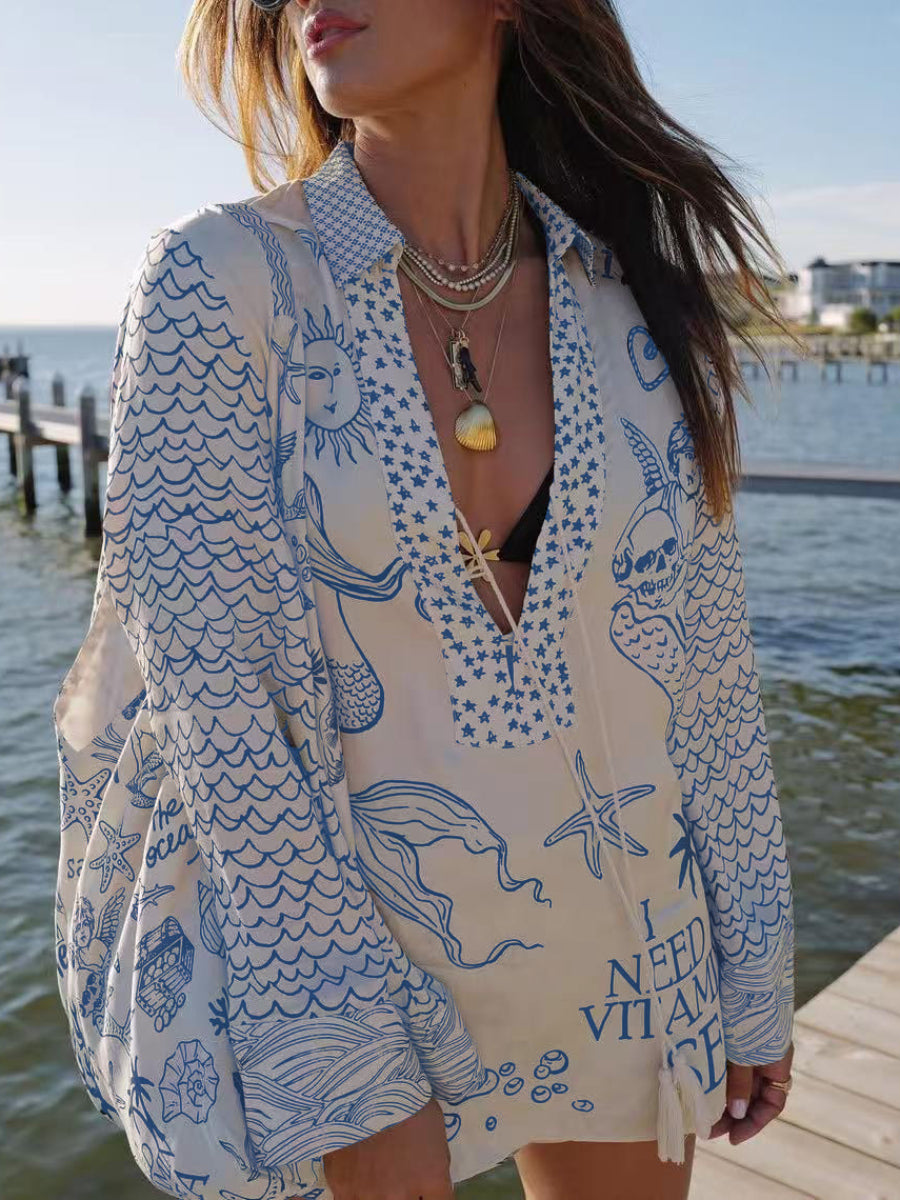 Cream Mermaid Ocean Print Tassel V Neck Long Sleeve Blouse & High Waist Shorts Two Piece Set