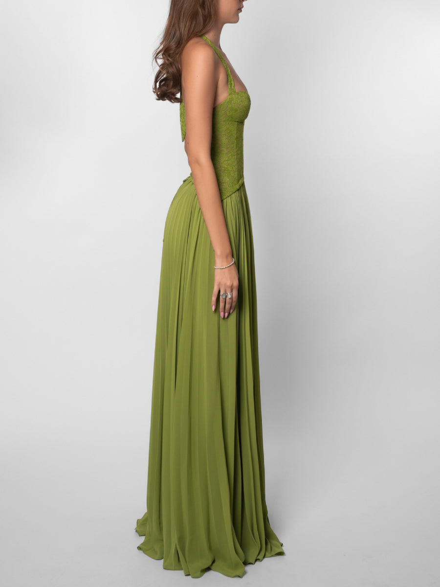 Elegant Lace Corset Bodice Pleated Chiffon Skirt Gala Maxi Dress for Wedding Guest & Red Carpet