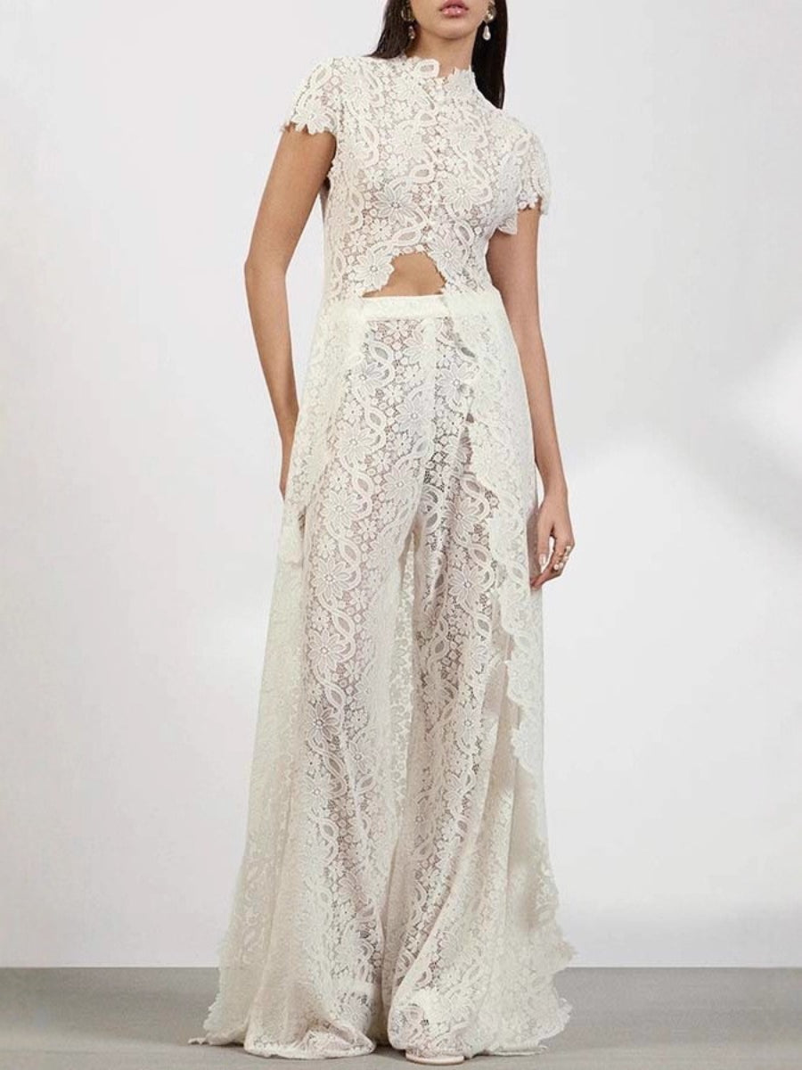 Floral Lace Cutout High Neck Wide Leg Pants Two Piece Matching Set