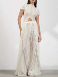 Floral Lace Cutout High Neck Wide Leg Pants Two Piece Matching Set