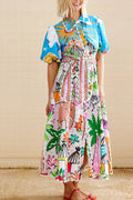 Multicolor Linen-Blend Long-Sleeve Maxi Dress