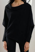 Black Pleated Knit Slash-Neck Pullover