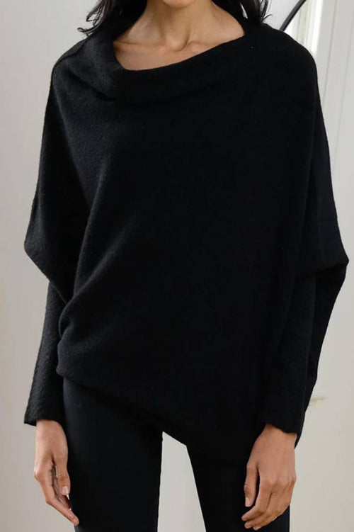 Black Pleated Knit Slash-Neck Pullover