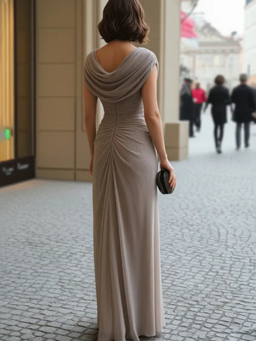 Chiffon Draped Cowl Neck Sleeveless Ruched Side Flowy Floor Length Maxi Evening Gown