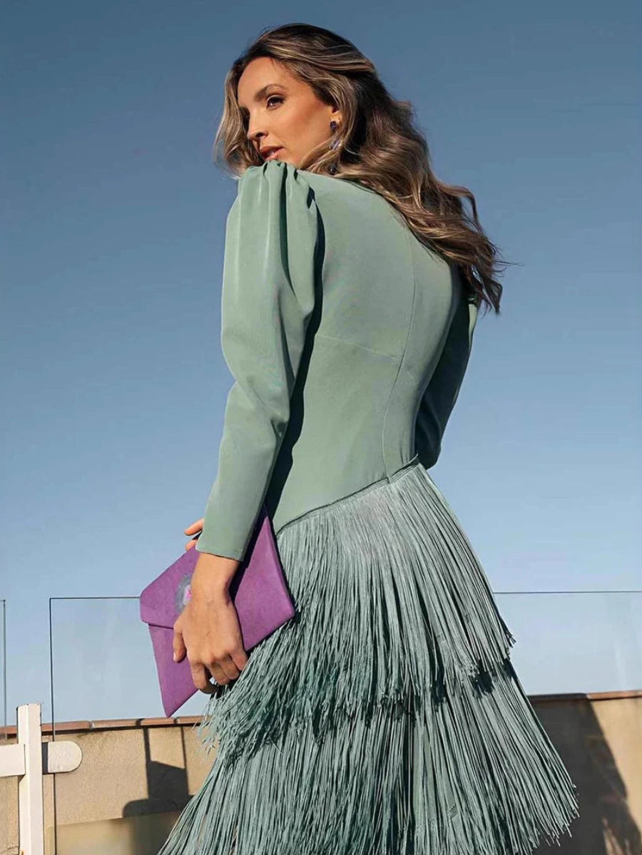 Puff Sleeve Deep V Wrap Waist Multi-Layer Fringe Midi Party Dress