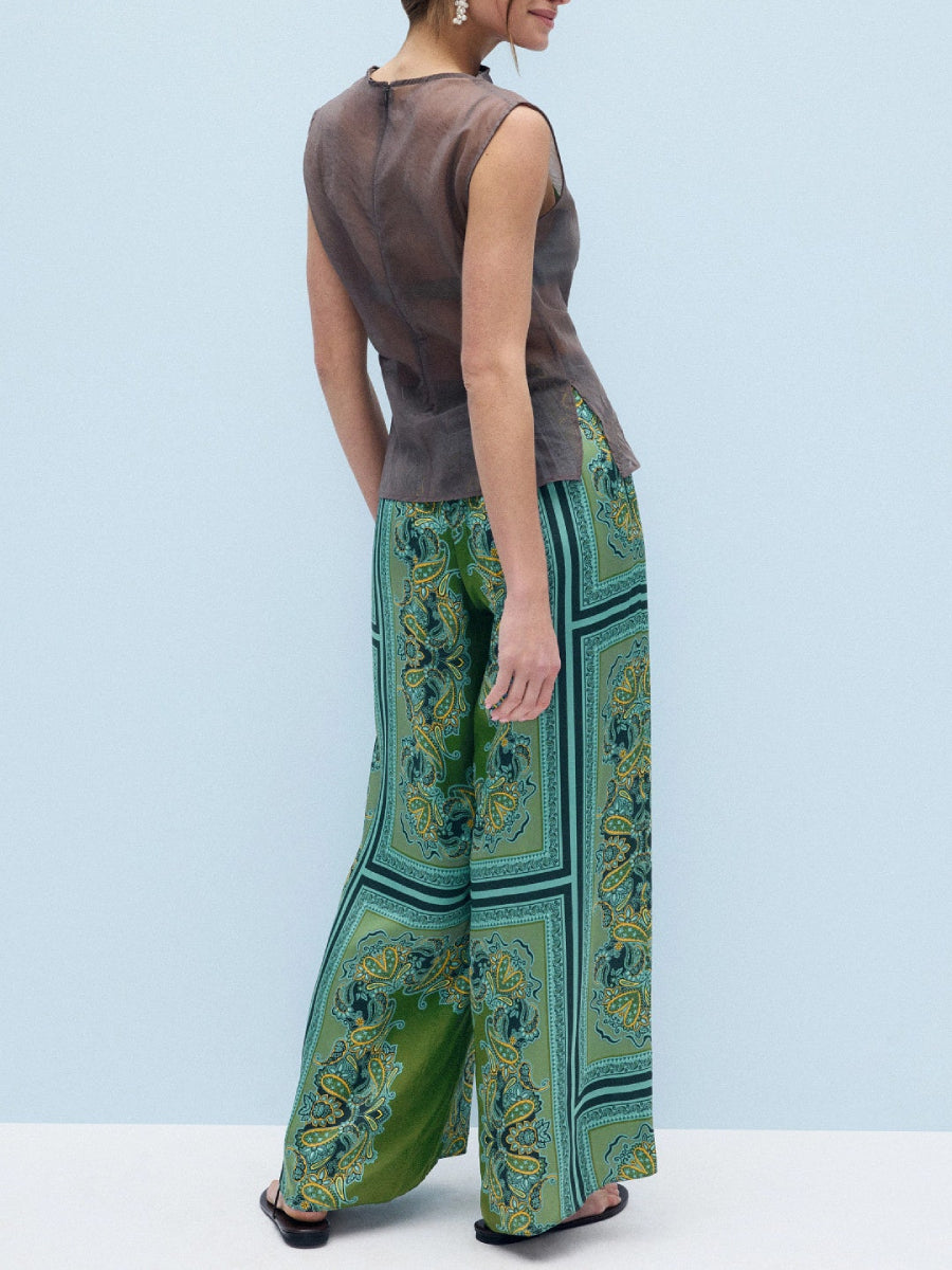 Green Border Paisley Print Asymmetrical One Shoulder Satin Top Wide Leg Pants Two Piece Co-ord Pants Set