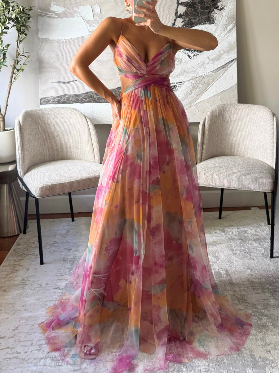 Watercolor Floral Print Tulle Maxi Dress Spaghetti Strap Cutout Waist Formal Gown