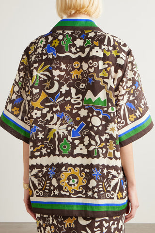 Women's Brown Tropical Folk Print Linen 2-Piece Co-Ord Set - Short Sleeve Shirt & Wide Leg Pants for Boho Resort Wear