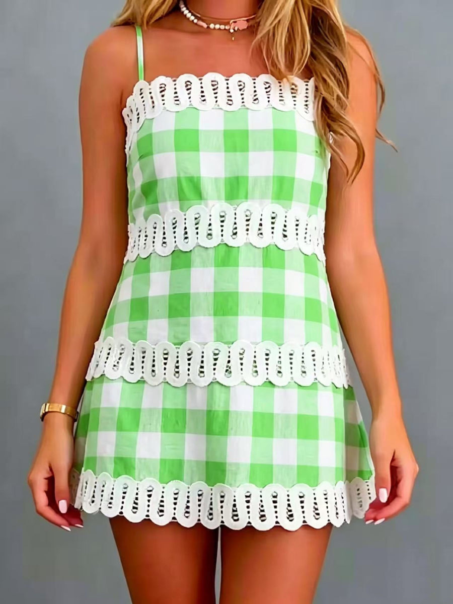 Women Square Neck Multi Layer Hollow Out Crochet Lace Trim A Line Short Vacation Dress